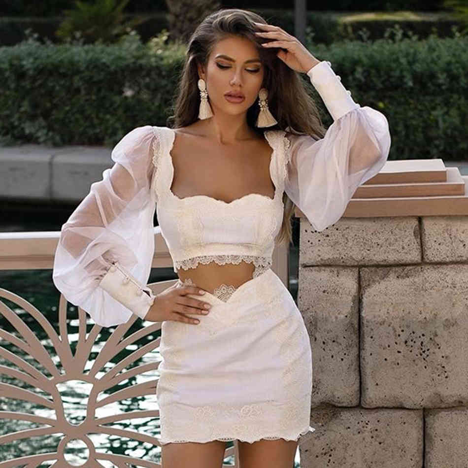Fashion White Lace Bandage Two Piece Sets Sexy Women Long Sleeve Crop Top& Mini Skirt Bodycon Club 210423
