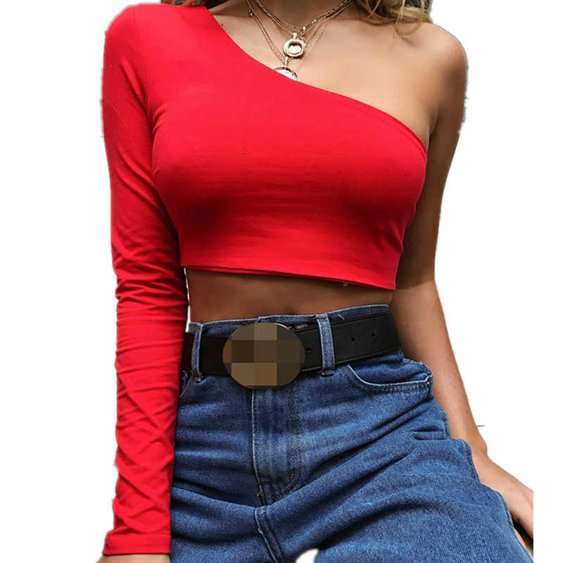 Sexy One Shoulder Crop Tops Casual Sport Streetwear Skew Collar Long Sleeve T Shirt Women Khaki White Tee Elegant Pullover 210526