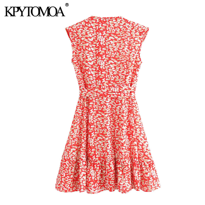Women Chic Fashion Floral Print Ruffled Mini Dress Sleeveless With Belt Female Dresses Vestidos Mujer 210420