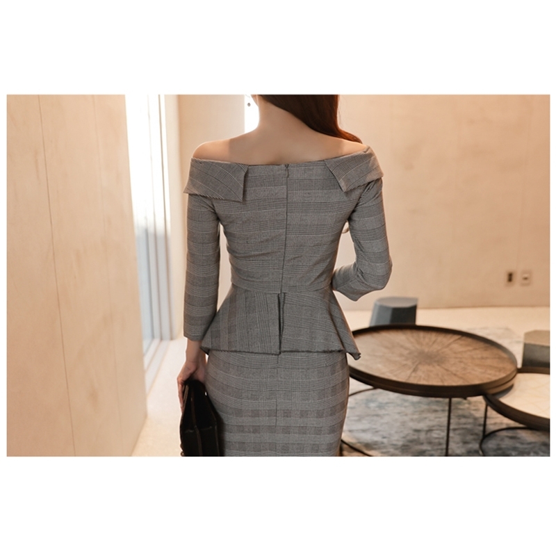Spring Women Dress Sexy Party Office Bodycon Vestidos Slash Neck Bandage es Grey Plaid Package Hip Ruffles Mini 210519