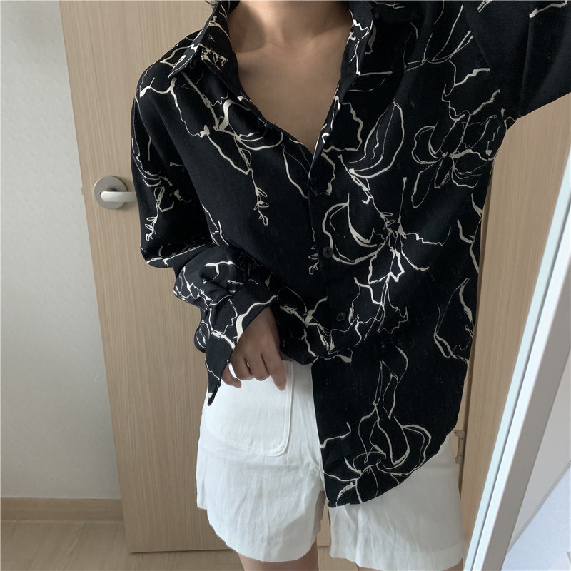 Korean Chic Sketch Flower Abstract Print Single Breasted Loose Long Sleeve Shirts Streetwear Office Lady Blouses 210421