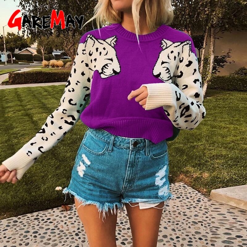 Women Animal Knitted Sweater Casual O Neck Long Sleeve Pullovers Autumn Basic Pull Femme Knitting s Jumpers 210428