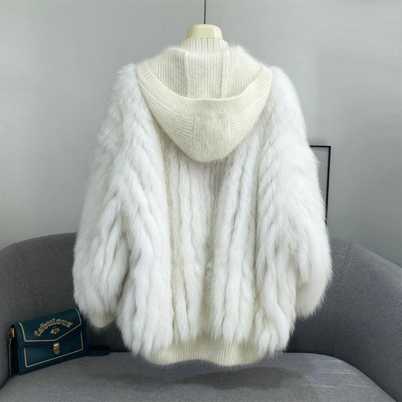 Women's Fur & Faux Knitted Hood Real Coats Women Fashion Jacket Nice Genuine Coat For Winter Stripe Sewed Together