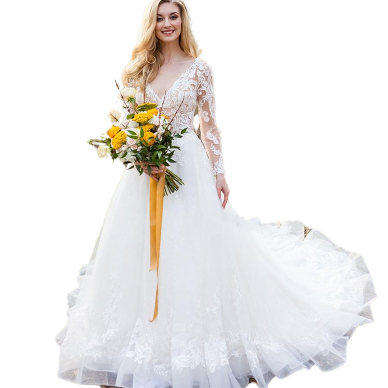Vintage V-neck Long Sleeves Lace Wedding Dress A Line Court Train vestido de novia Princess Bridal Dresses Appliqued Illusion Bodice Ivory Country Boh
