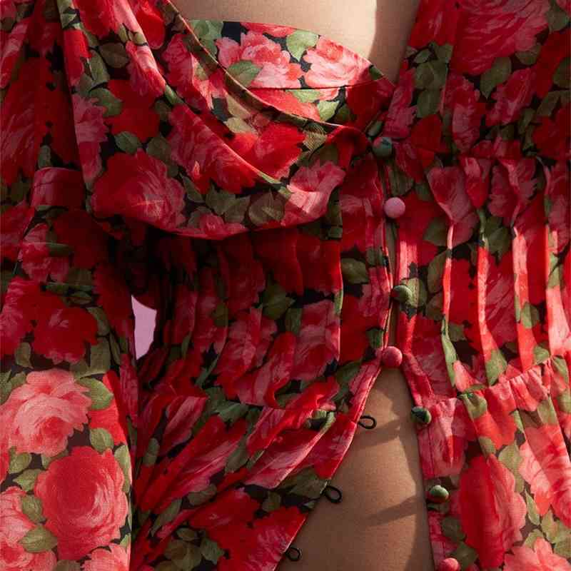 Spring Women BOHO Red Flower Print Shirt Dress Sexy Ladies Deep V neck Lantern Sleeve Center Buttons Mini Short Dresses 210429