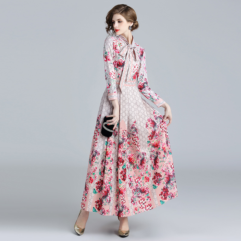Spring Summer Fall Runway Floral Print Long Dress Ribbon Tie Neck Long Sleeve Women Party Casual Holiday Boho Maxi Dress 210409