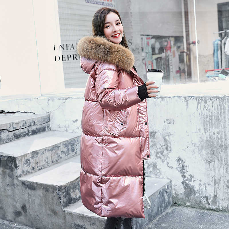 URSPORTTECH Winter Jacket Women Long Parka Big Fur Hood Thicken Warm Winter Long Coat Women Cotton Glossy Down Jacket Oversized 210528