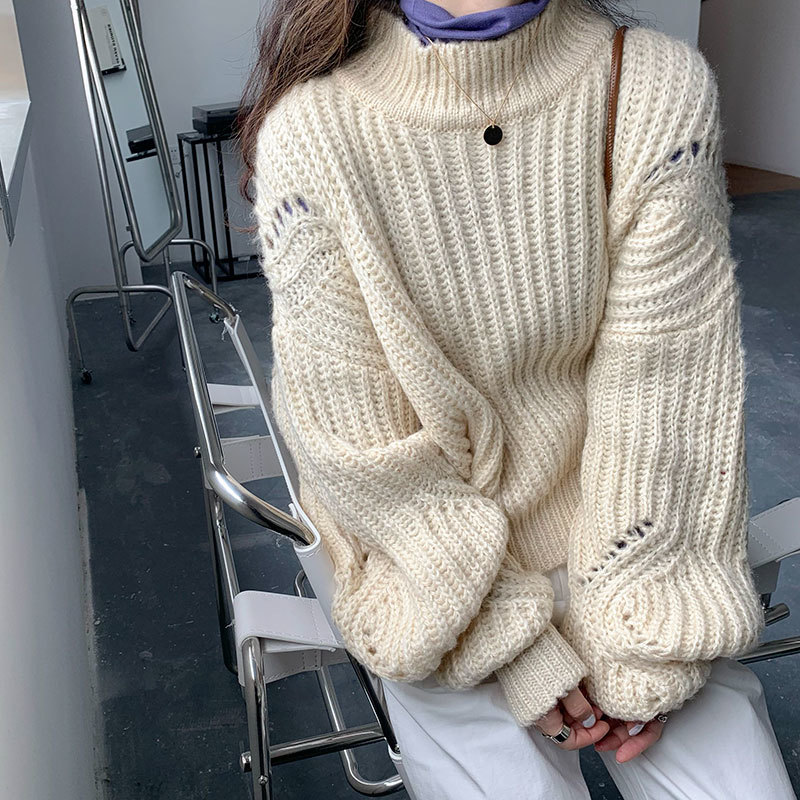 Autumn Winter OL Outwear Tops Vintage Twist Lantern Sleeve Sweater Women Elegant Loose Knitted Sweaters Female 210421