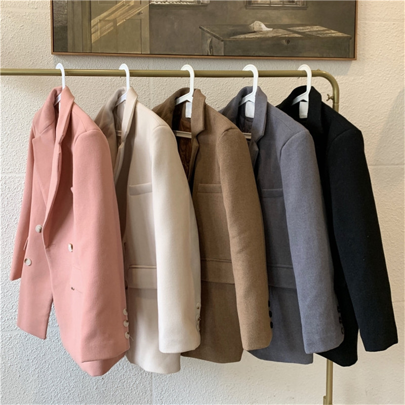 OL Notched Minimalist Quilted Thick Woolen Blazer Suit Jacket Autumn Winter Tops Women Blazers Loose Casual Overcoat 210421