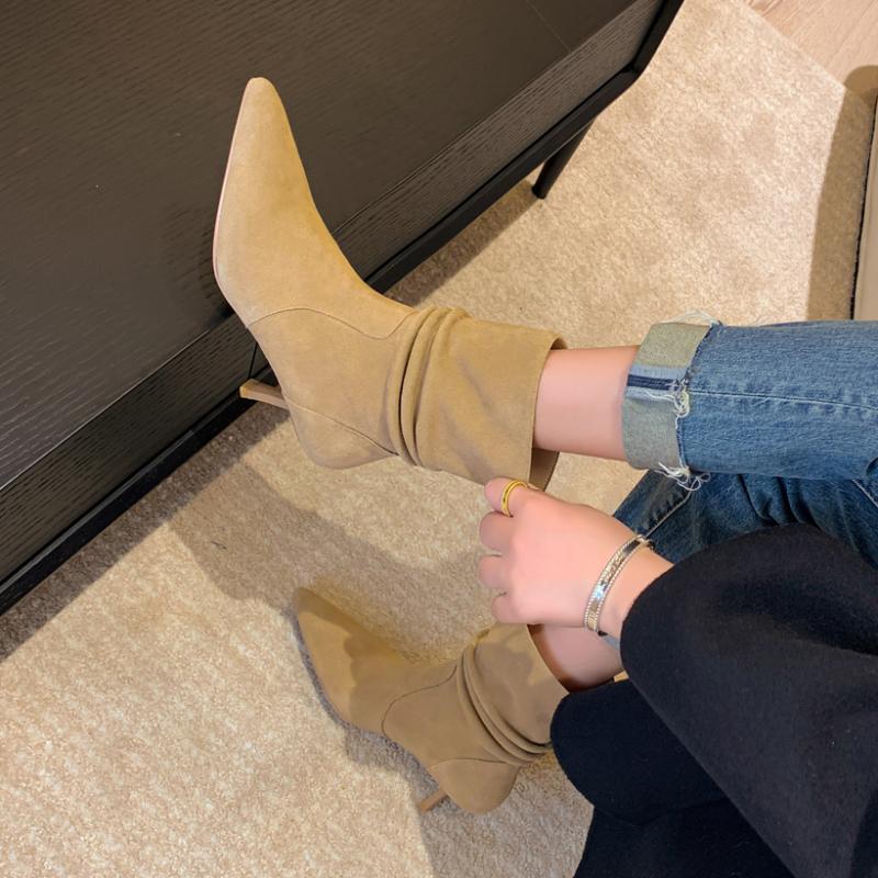 Boots Arden Furtado Autumn Winter Fashion Ladies Ankle Pointed Head Slip-On High Heels Stretch