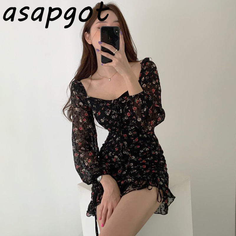 Chic Korean Sweet Lace Up Waist Drawstring Black Floral Dress Women Mini Square Neck Ruffles Spring Fashion Wild 210429