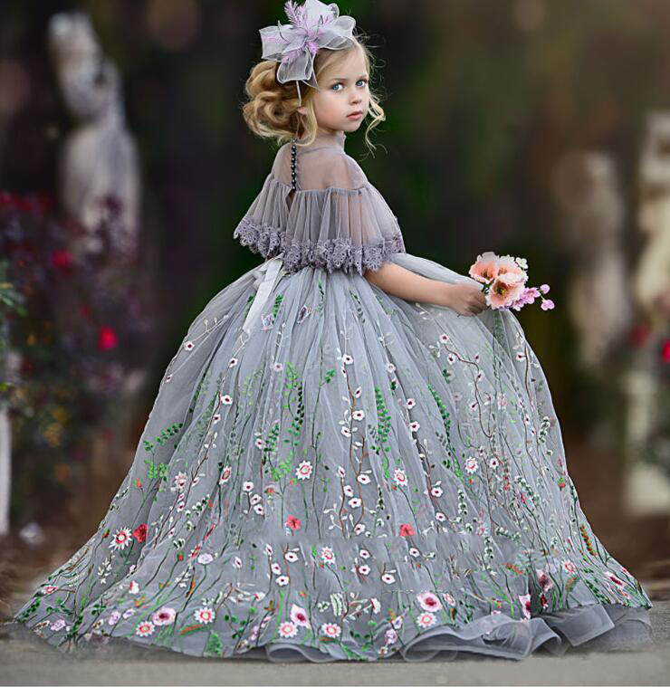 Cute Tulle Ball Gown Flower Girl Dresses Lace Applique High Neck Rhinestones Kids Pageant Dress Floor Length Girl's Birthday Party 0509