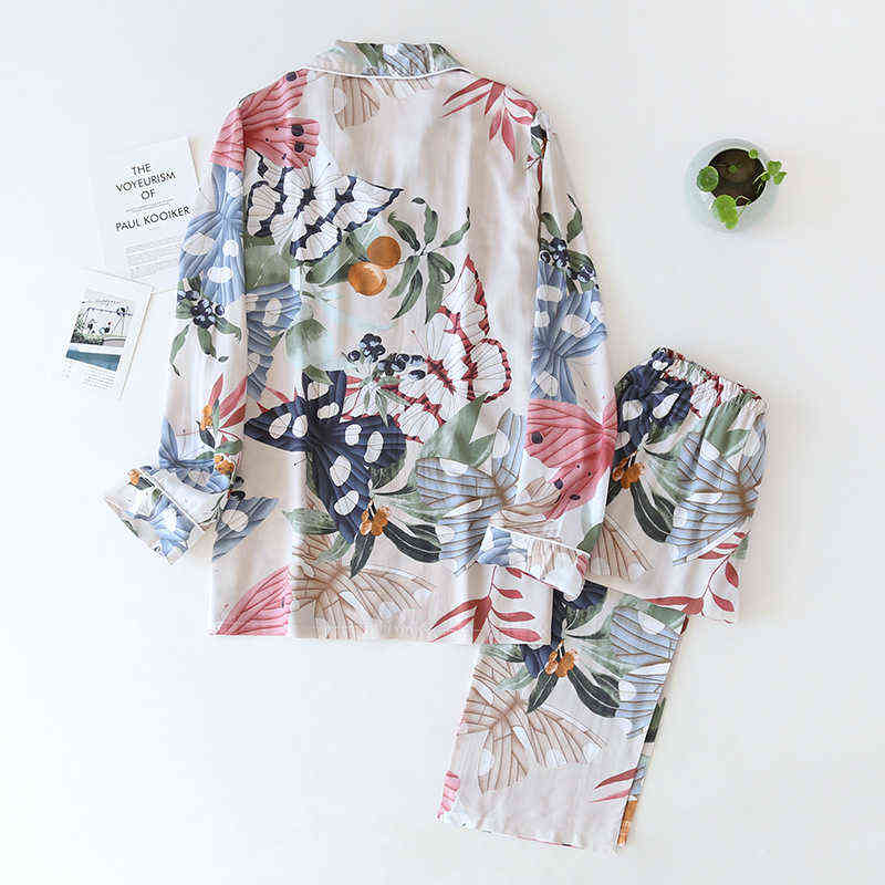spring and autumn long-sleeved trousers ladies pajamas set viscose cardigan butterfly flower simple thin home service summer 211118