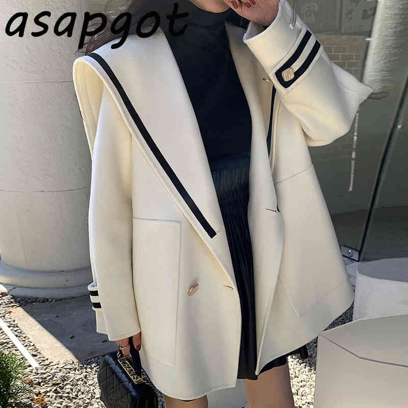 Quilted Coats & Jackets Wool Blends Contrast Sailor Collar Woolen Coat Women Double Breasted Loose Big Pockets Full 210429