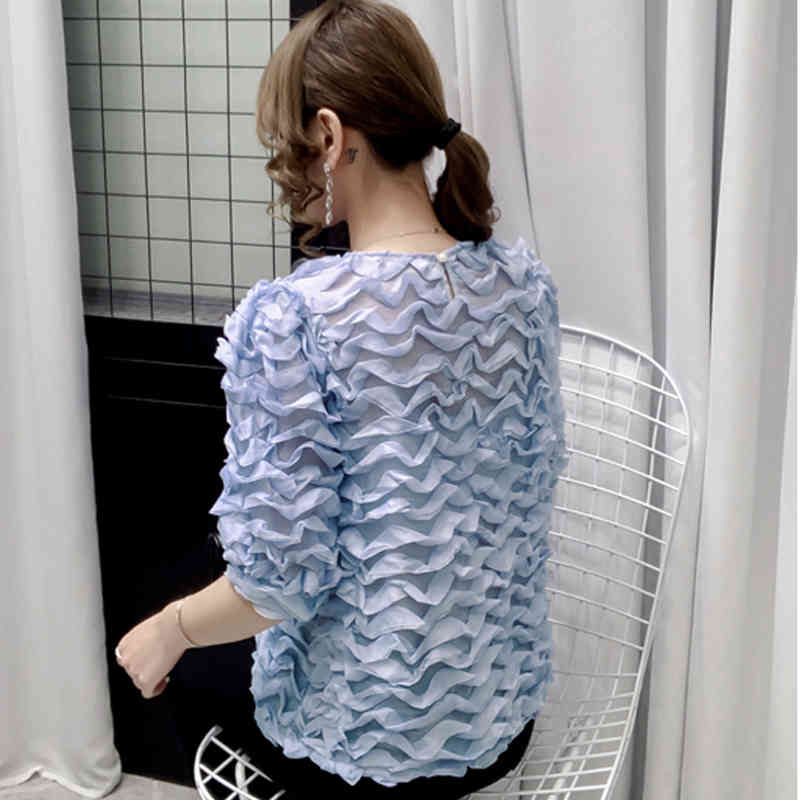 Women Blouse Niche Temperament Mesh Summer Chiffon Shirts Solid Blue Tops Round Collar Clothes Blusas 14464 210506