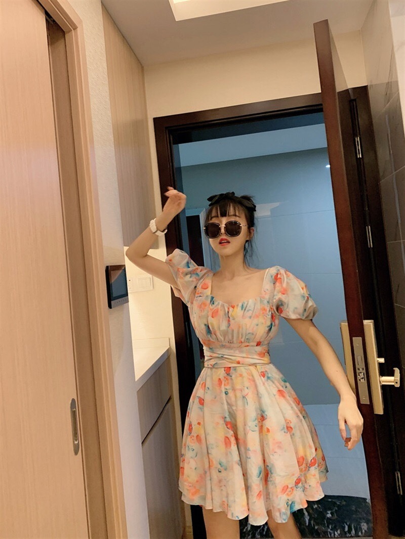 fashion young girl printed mini dress high waist puff sleeve vintage Victorian style French dresses retro sweet 210421