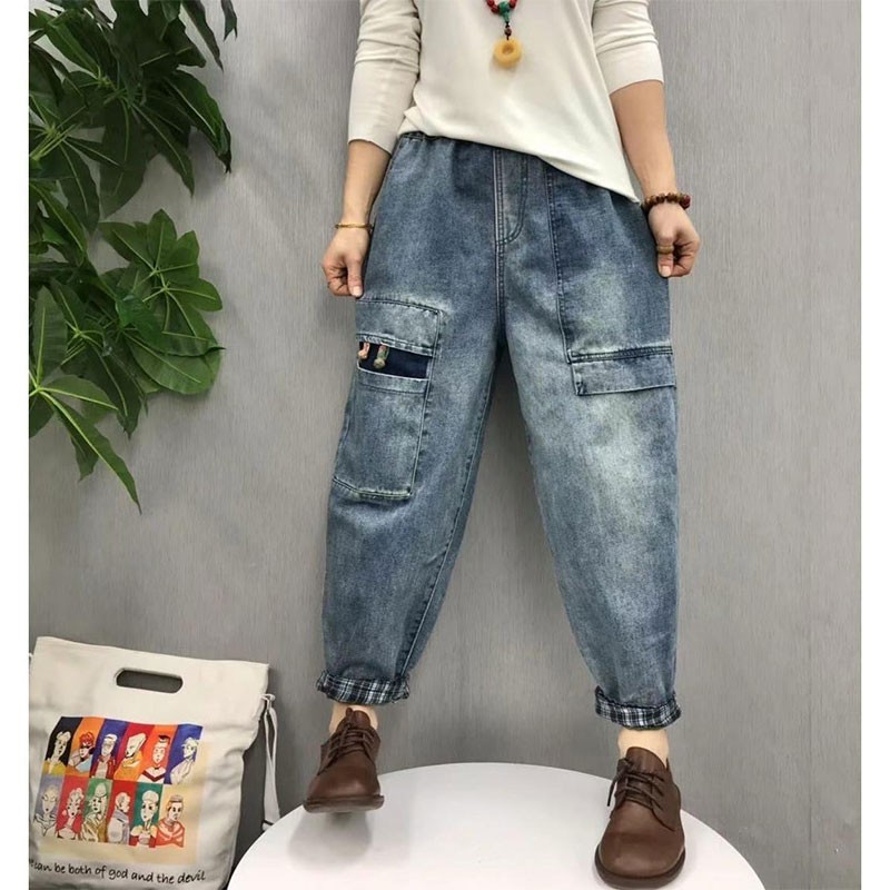 Arrival Spring Arts Style Women Elastic Waist Casual Cotton Denim Harem Pants Big Pocket Vintage Blue Loose Jeans V291 210512
