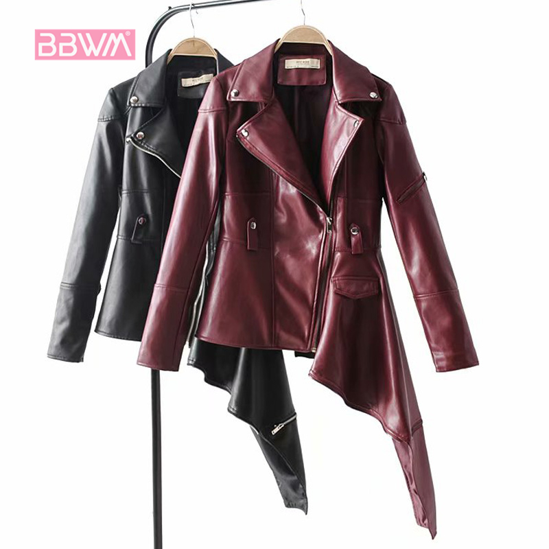 Elegant women's autumn irregular locomotive pu leather short jacket long sleeve black color female jacket 210507