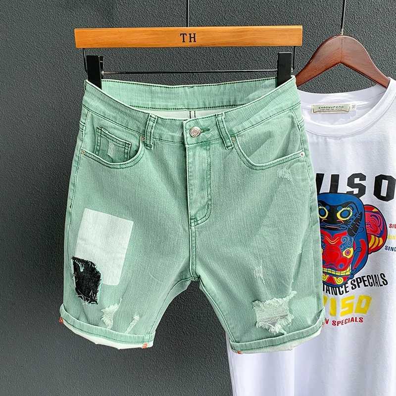 Men Gray Ripped Denim Shorts Summer Holes Black Jeans High Quality soft Cotton Stretch Jean Knee Length 210629