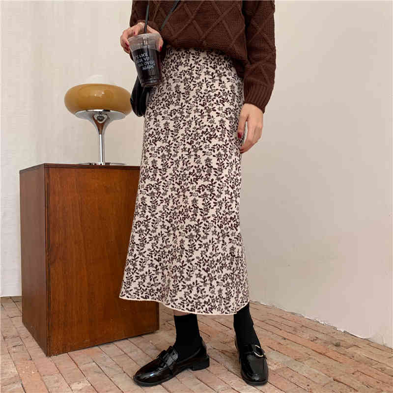 Autumn Winter High Waist Vintage Floral Print Knitted Skirt Female OL Elegant Fashion A-line Long Skirts Womens 210421