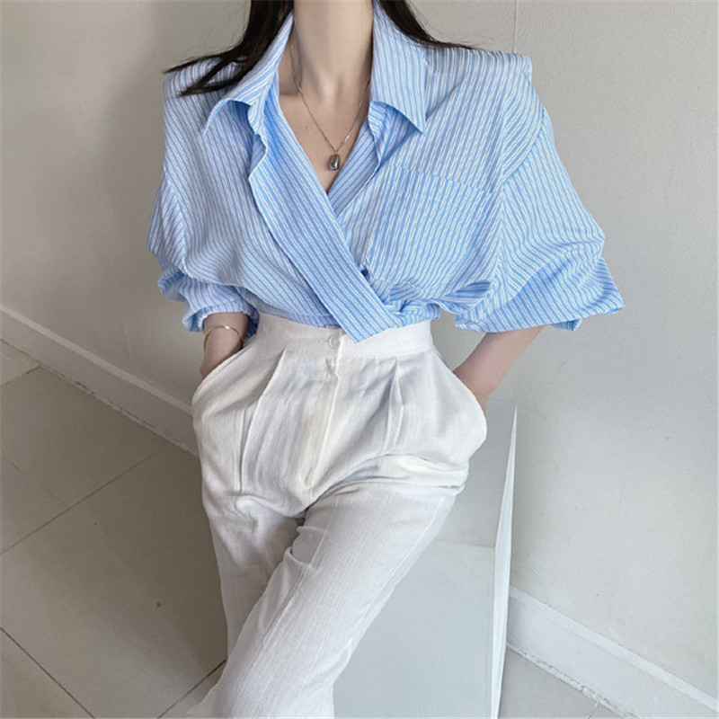 OL Elegant Striped Shirt Femme Autumn Vintage Women Blouses Long Sleeve Lapel Loose Tops Woman Clothes Blusas 210421
