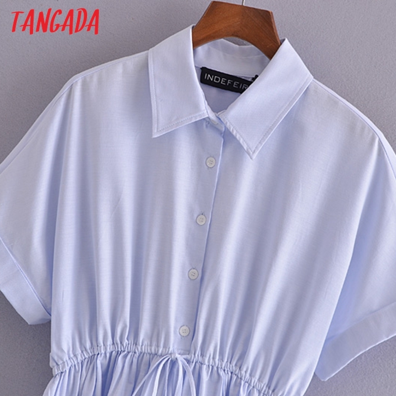 Summer Women French Style Blue Shirt Short Sleeve Ladies Mini Dress Vestidos 3H195 210416