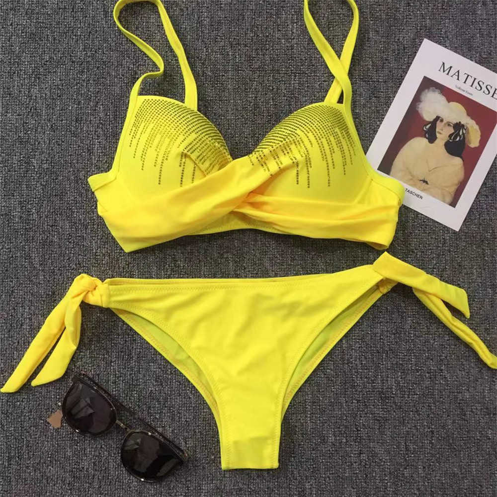 Sexy Underwire Diamonds Sling Backless Side Lace-up Mini Micro Swimwear Brazilian Thong Underwear Push Up Bikini Set Beachwear 210604