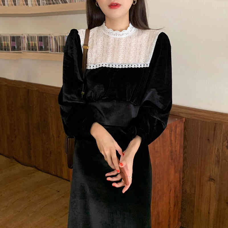 Neploe Maxi Dresses for Women Chic Stand Neck Lace Patchwork Vestidos Slim Waist Elegant Vintage Velvet Robe Dress Femme 4G322 210422