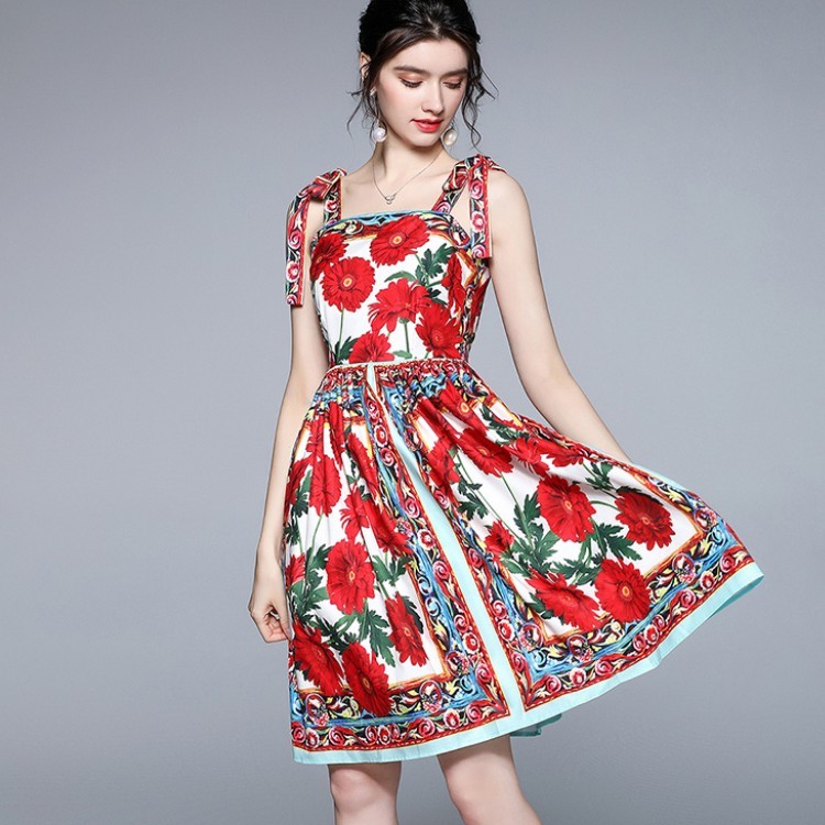 Runway Summer Women's Sexy Spaghetti Strap Red Floral Printed Casual High Waist Slim Party Dress Vestidos 210519