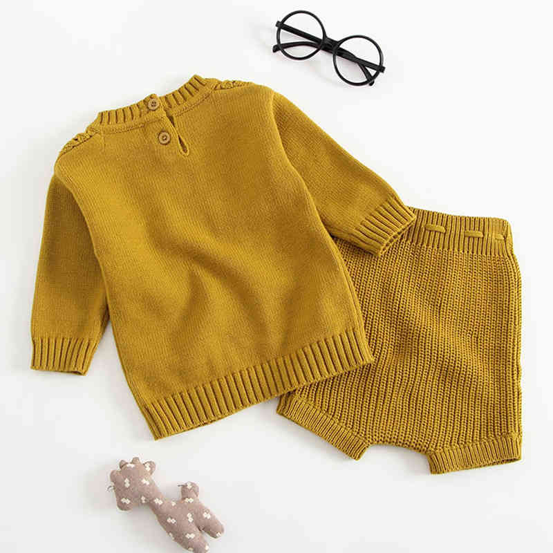 Spring Autumn Infant Baby Boys Girls Knit Long Sleeve Hollow-out Sweater + Shorts Pants Clothing Sets Kids Boy Girl Suit Clothes 210521