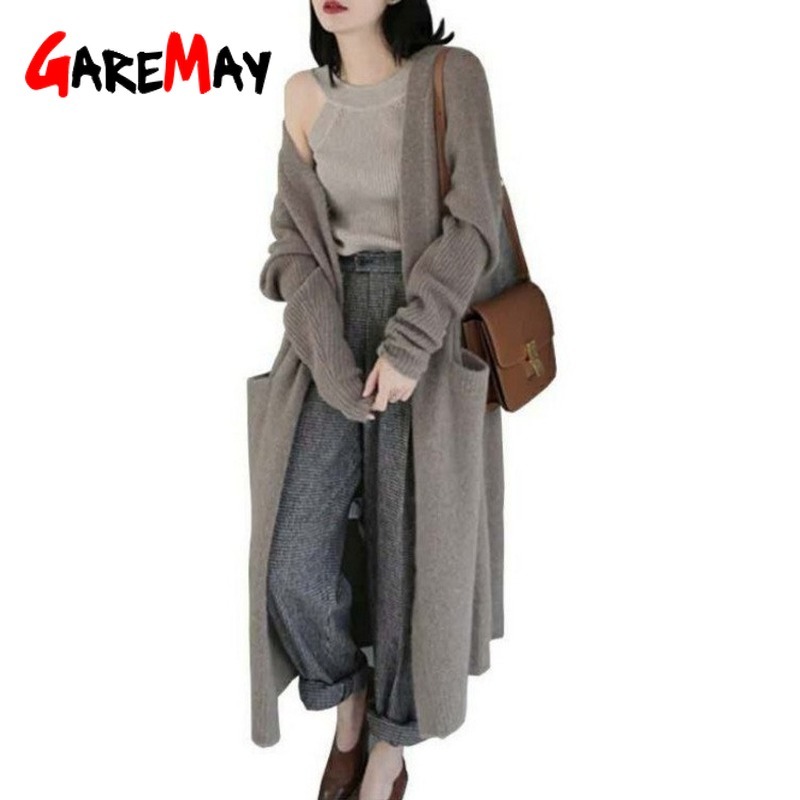Korean Warm Knitted Cardigan Women Long Sleeve Knitwear Autumn Winter Solid Loose Female Elegant Pocket Knit Outerwear Coat 210428