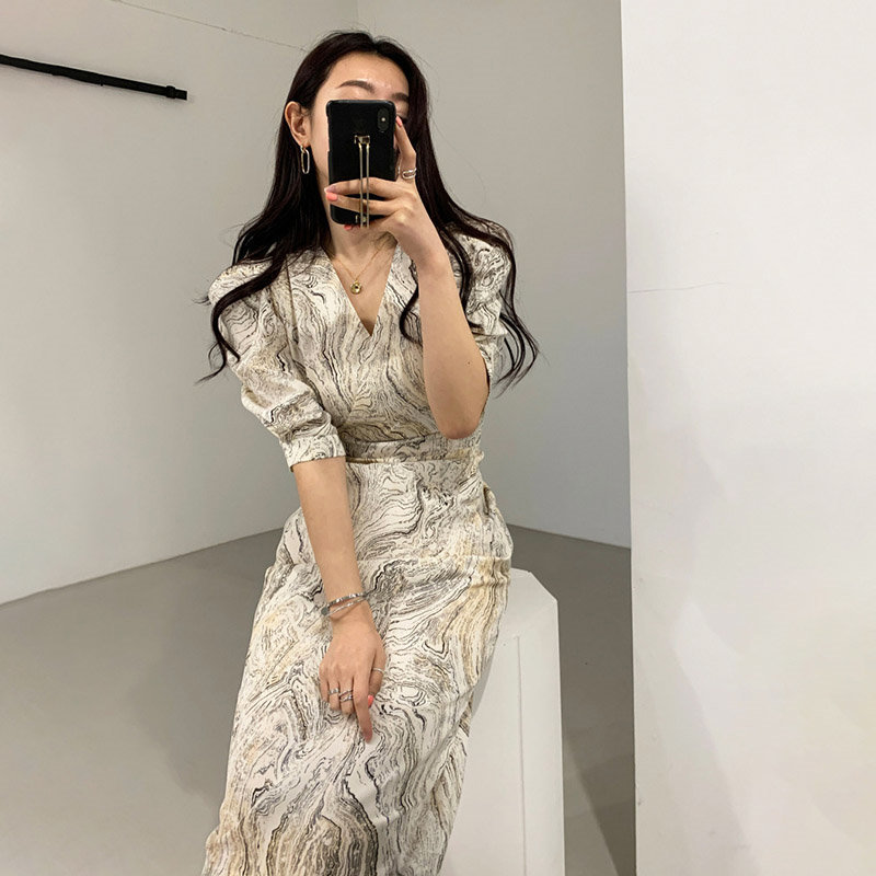 All Match Printed OL Short Sleeves Slimming Chic High Waist Office Lady Retro Vintage Women Elegant Dresses 210421