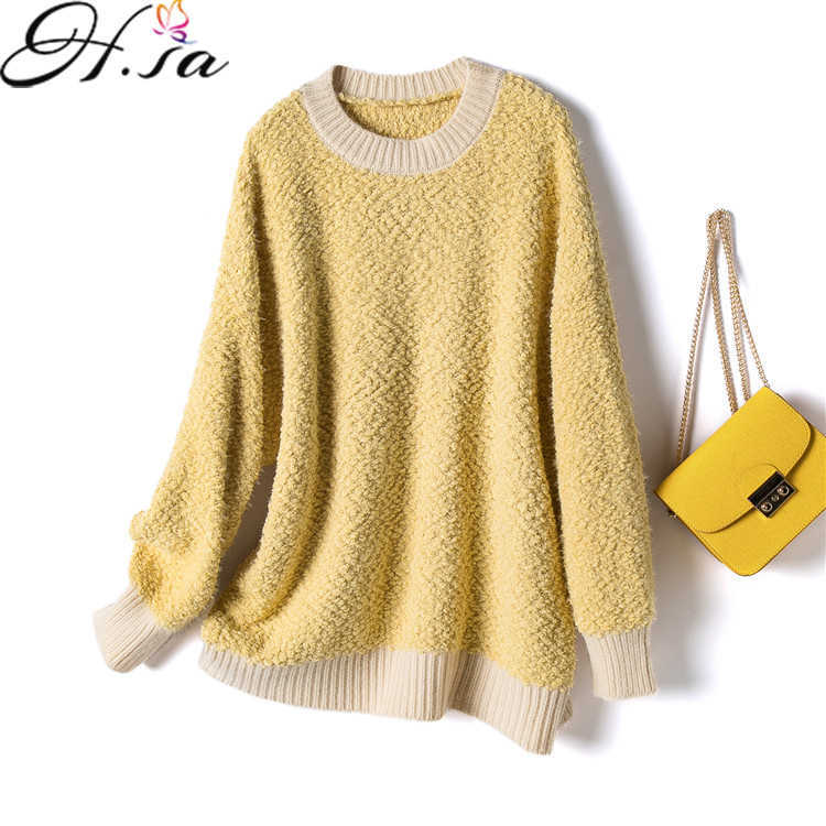 H.SA Korean Fashion women pullovers winter jumpers knitwear Mohair Soft Warm Patchwork Knitwear Loose Knitted Sweaters Winter 210716