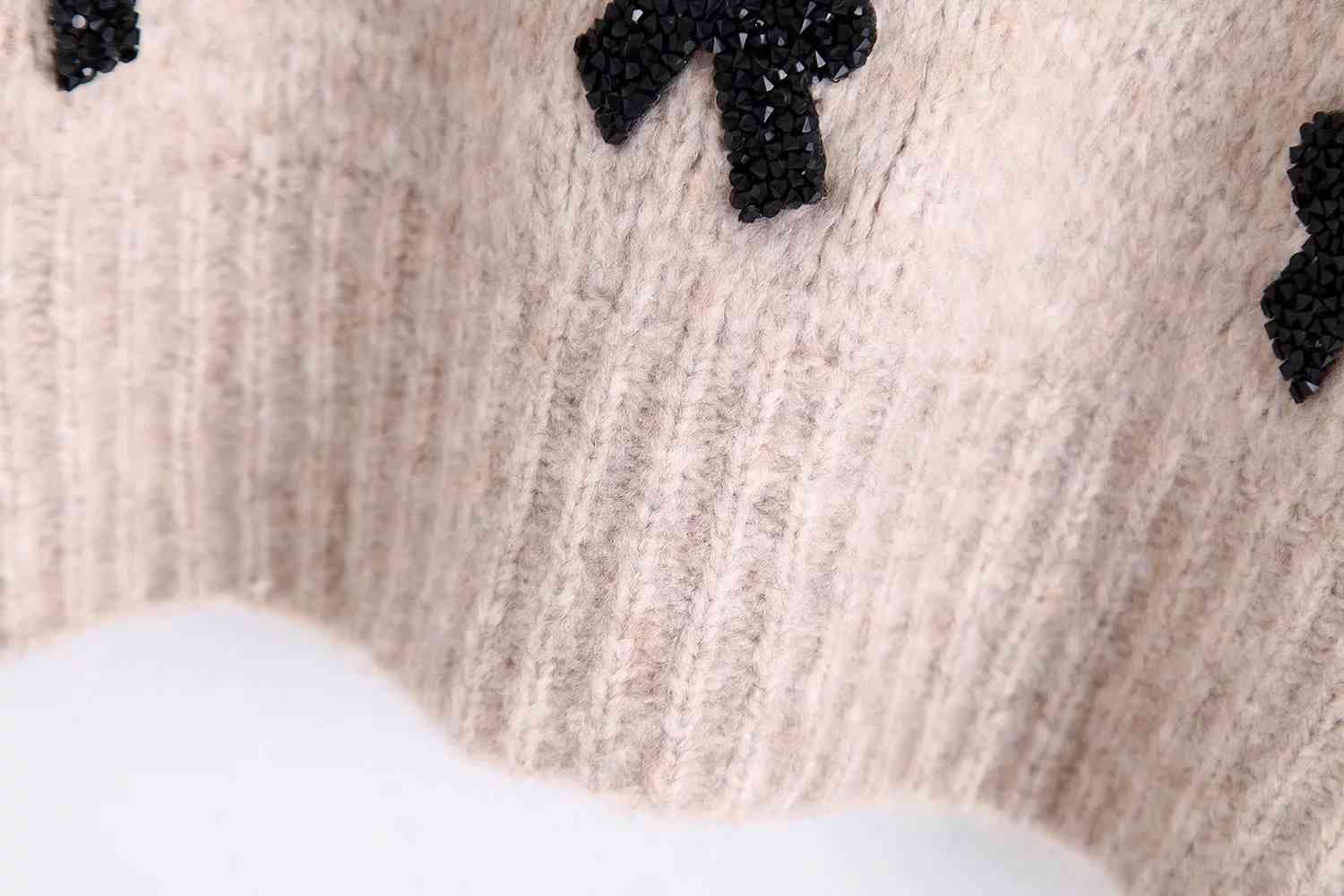 Elegant Bow Tie Appliques Knitted Sweater Women Pullovers O Neck Long Sleeve womens sweaters winter Chic Tops 210521