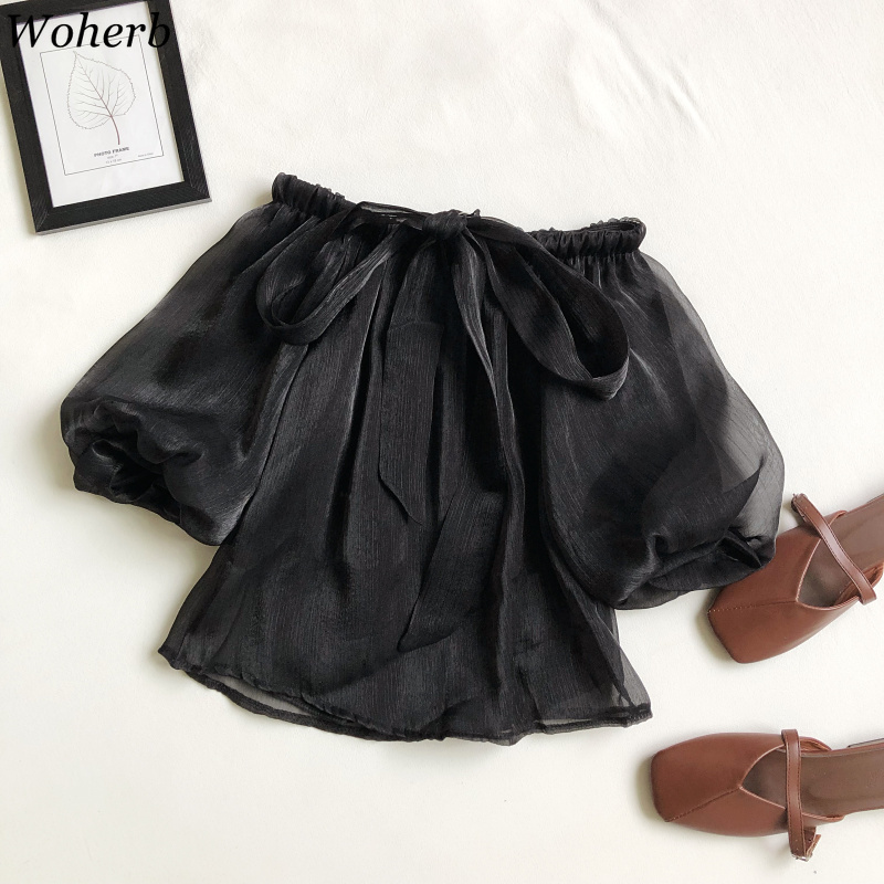 Summer Women Blouses Sweet Puff Short Sleeve Crop Lace Shirts Korean Off Shoulder Sexy Elegant Blusas Femininas 210519
