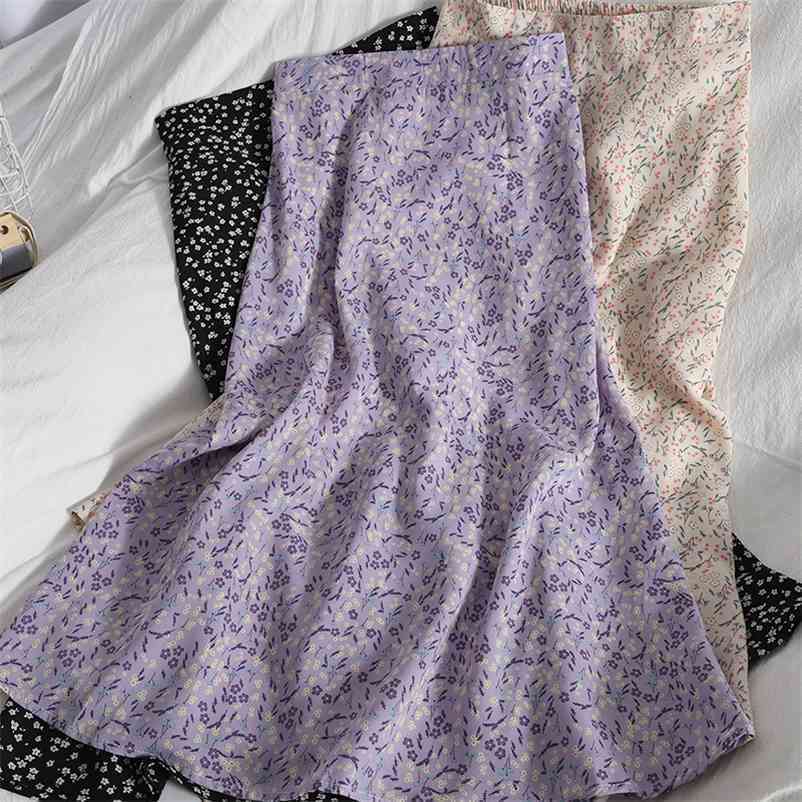 Floral Purple Print Ruffle Pleated Long Skirts Summer Women Korean Style Streetwear Drawstring Elastic Waist Midi Skirt 210621