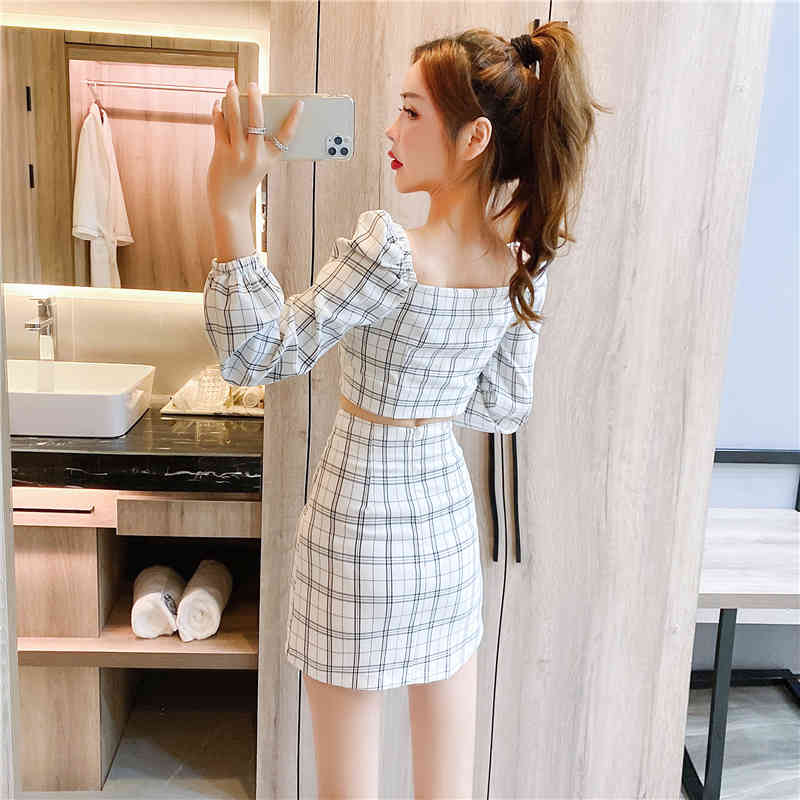Summer Women Two Piece Set Casual Sexy Plaid Puff Sleeve Short Shirt Top + High Waist Mini Skirt Suit Outfits 210518