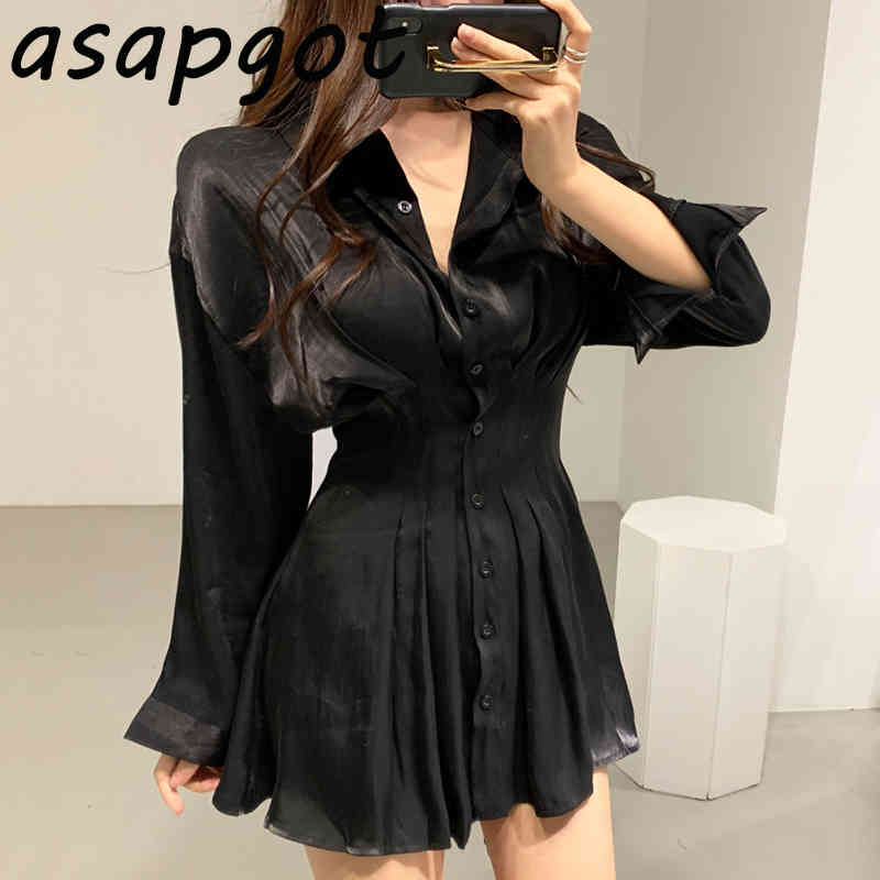 Korean Chic Elegant Slim Luster Waist Pleated Back Lace Up Shirt Dress Women Mini Lapel Single Breasted Solid Vestido Feminino 210429