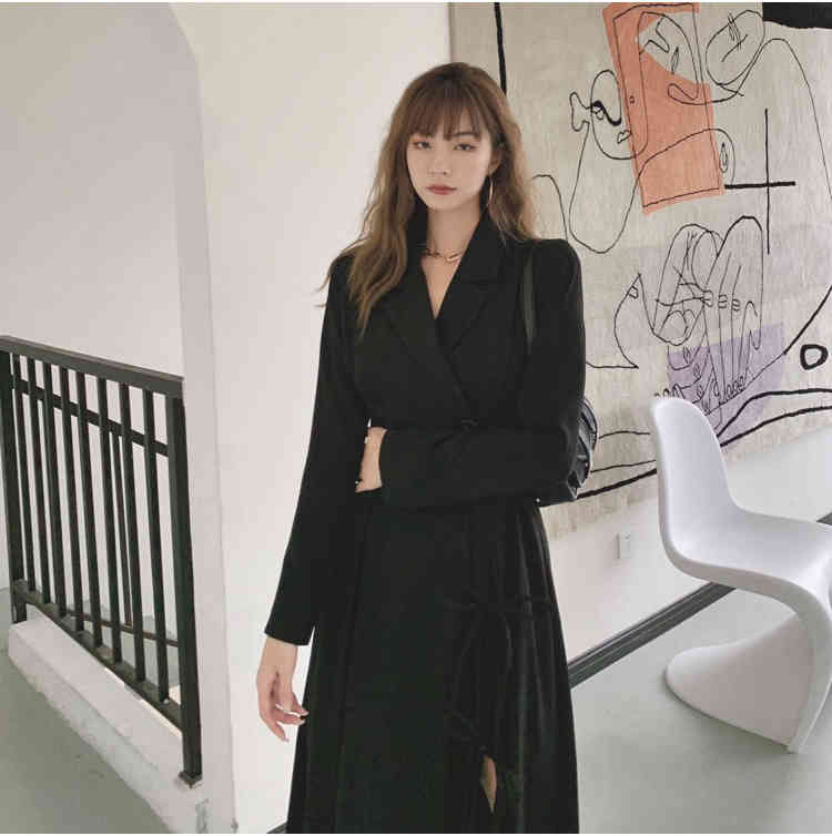 High Quality Women Black Office Ladies Sexy Split Dress Elegant Spring Notched Long Sleeve Casual Belted Midi Dresses Vestido 210519