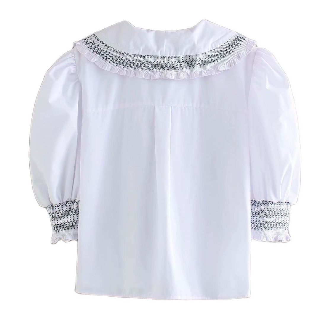 Chic Women Lapel Half Sleeve Puff Sleeve Contrast Poplin Shirt Vintage with Buttons Refreshing Female Tops 210507