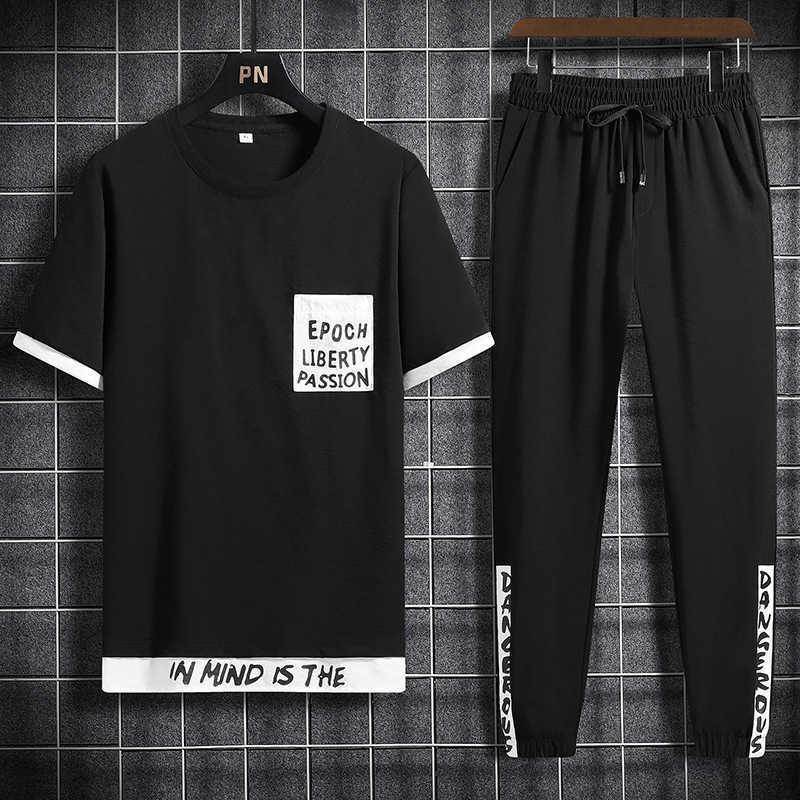 Men's Sets Spring Summer 2 Piece Fashion Set Outfit Hip Hop Streetwear Male T-shirt + Pants Casual Short Tracksuit Plus Size 8XL 210603