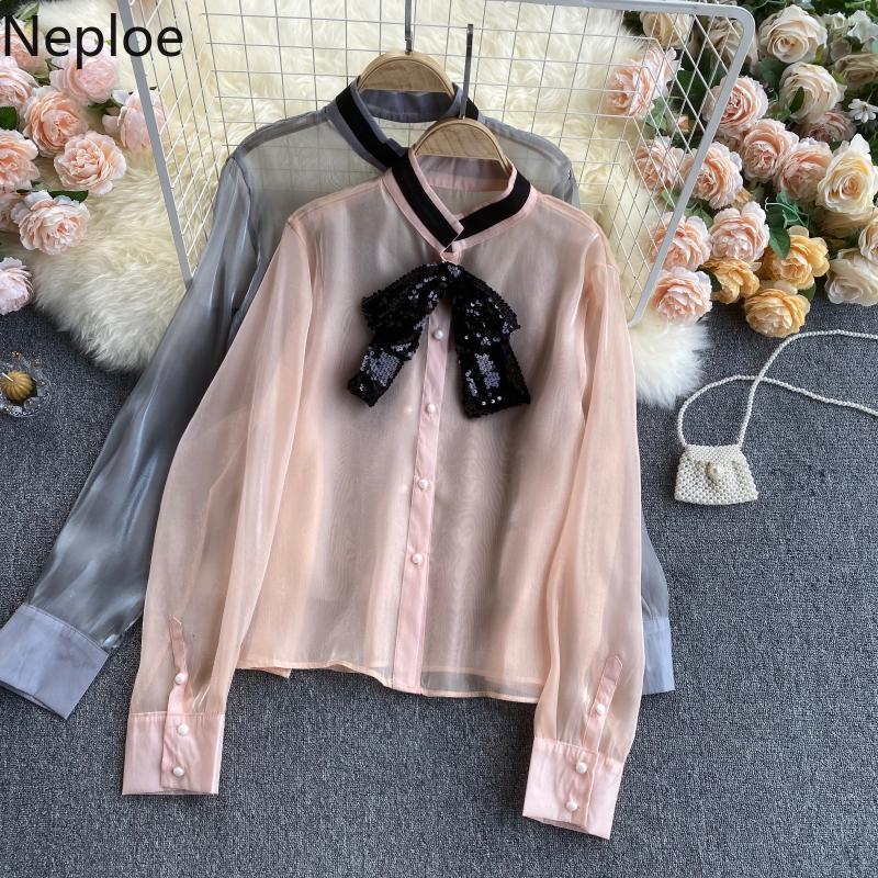 Neploe Spring Elegant Women Blouses Chic Sequined Bow Tie Shirt See Through Office Lady Tops Blusas Mujer Korean Fashion Clothes 210422
