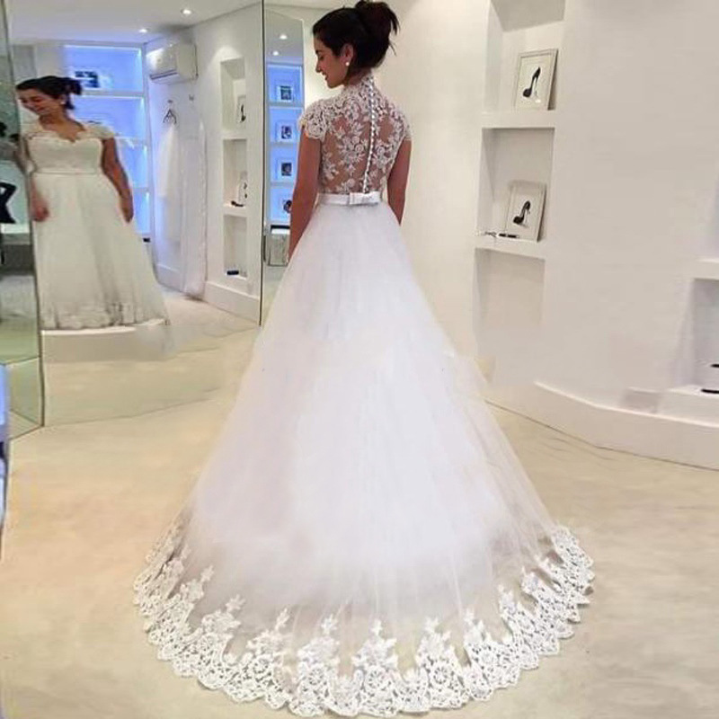 Sexy Illusion Backless A Line Wedding Dresses Bridal Gowns Sweep Train Lace Appliqued Long Summer Ivory Bride Dress V Neck Short Sleeves Second Recept