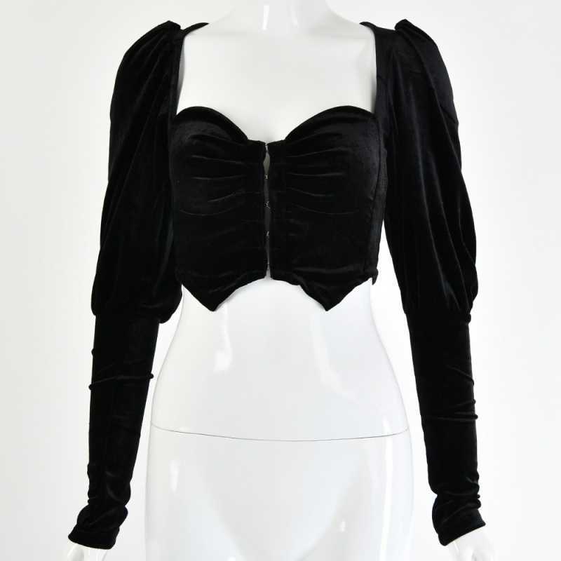 Sexy Deep V-neck Black Flannel Crop top Women Elegant Bubble Sleeve Skinny Bodycon Bandage Tees Tank Top Corset Clubwear 210607