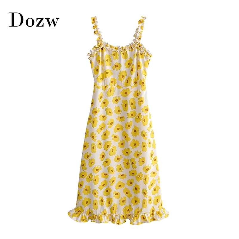 Bohemian Floral Print Midi Dress Summer Sexy Spaghetti Strap Backless Holiday Beach Women Ruffles Sundresses Vestido Mujer 210515