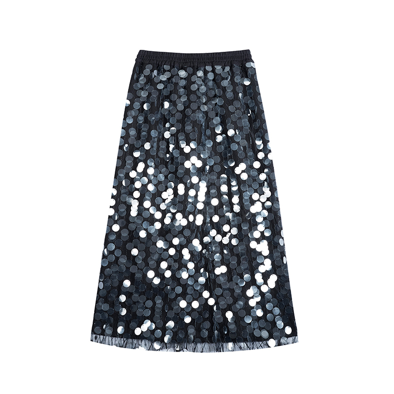 Midi Skirt High Waist Show Thin Sequins Sparkle Loose Straight Tube Black Street Scale Minority Bottom 210510