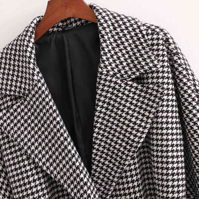 Vintage Woman Grey Houndstooth Long Loose Woolen Coat Fashion Ladies Autumn Sashes Outerwear Female Oversized Jackets 210515