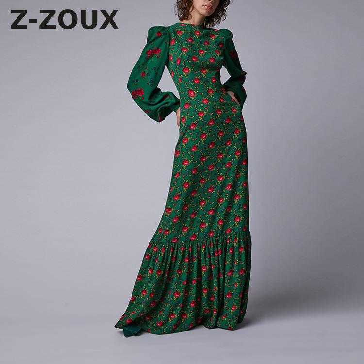 GETSPRING Women Dress Lantern Sleeve O-Neck Printing Mermaid Dresses Long Round Neck Plus Size 210524