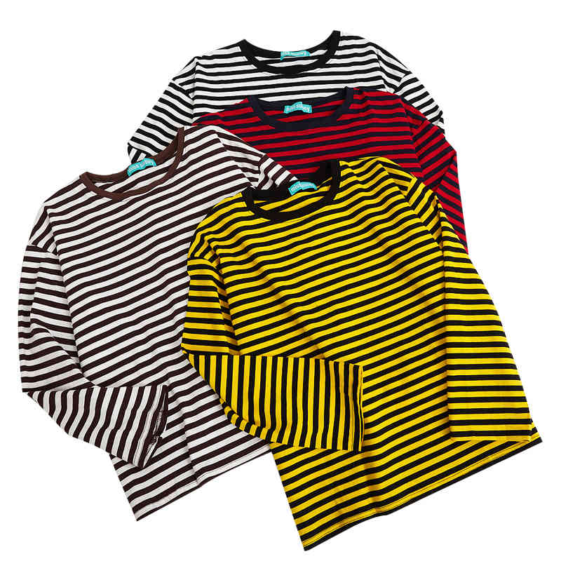 New Vintage Fashion Basic Loose Casual Striped All Match Simple Long Sleeve Female T-shirts 210406