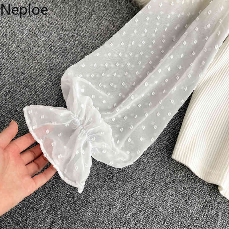 Neploe Women Clothing Patchwork Puff Sleeve Bow White Shirt Korean Fashion Polka Dot Blouses See Through Chiffon Blouse 4h736 210422